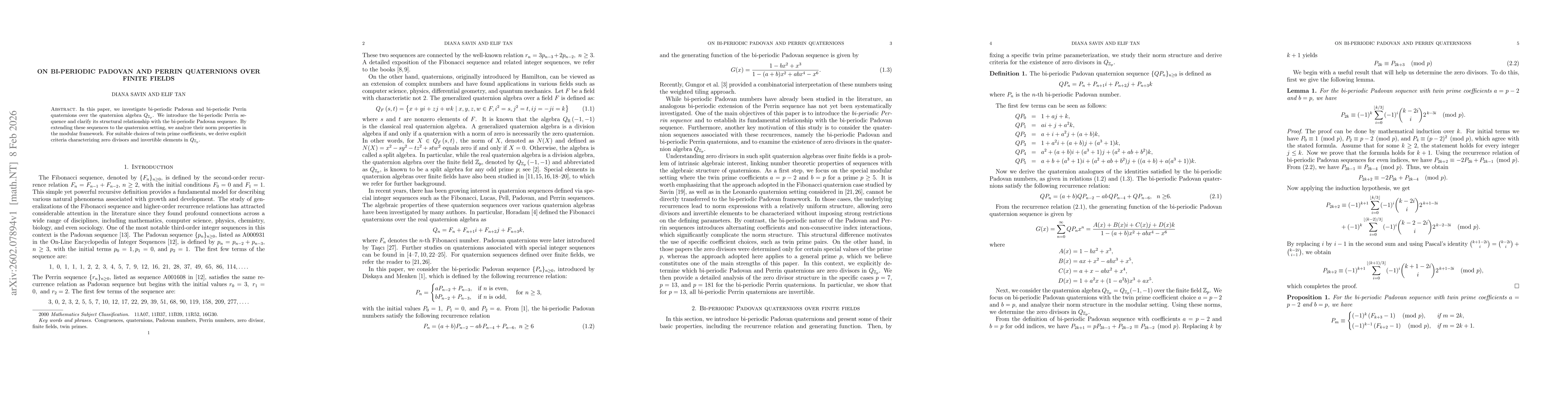 Thumbnail for On bi-periodic Padovan and Perrin quaternions over finite fields