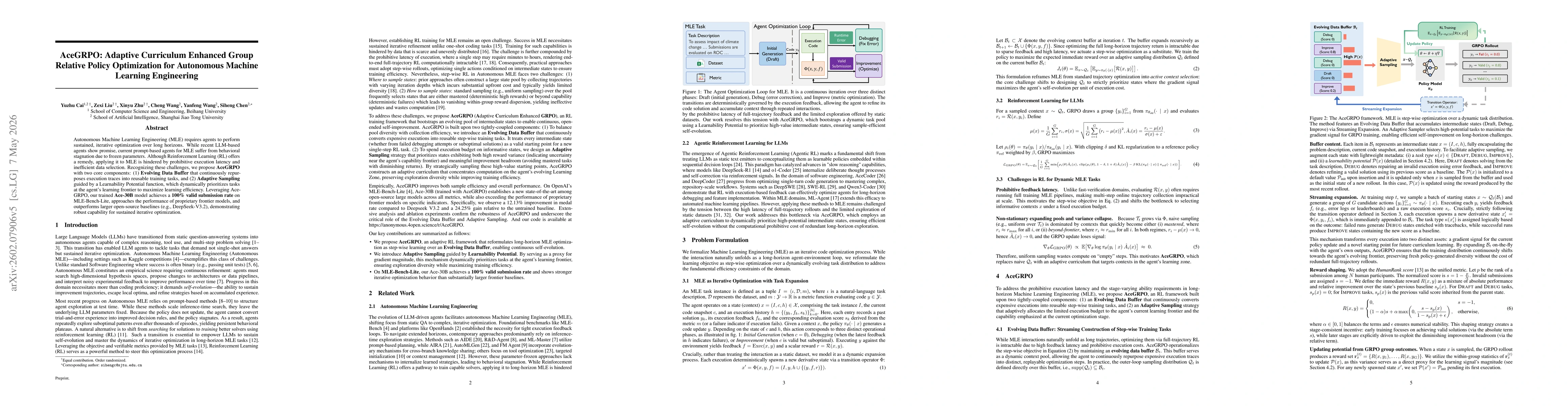 Thumbnail for AceGRPO: Adaptive Curriculum Enhanced Group Relative Policy Optimization for Autonomous Machine Learning Engineering