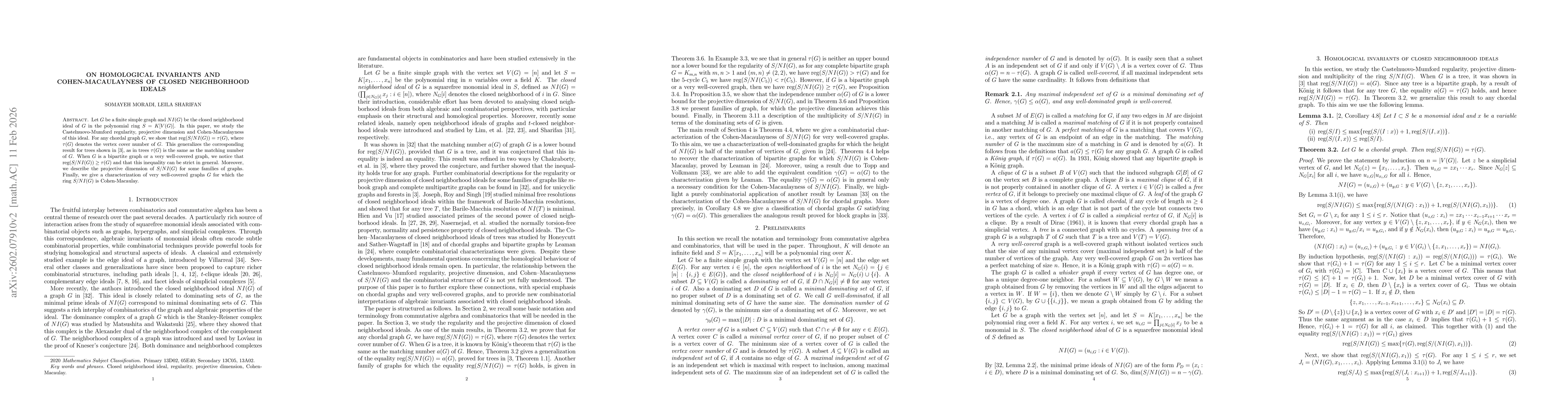 Thumbnail for On homological invariants and Cohen-Macaulayness of closed neighborhood ideals