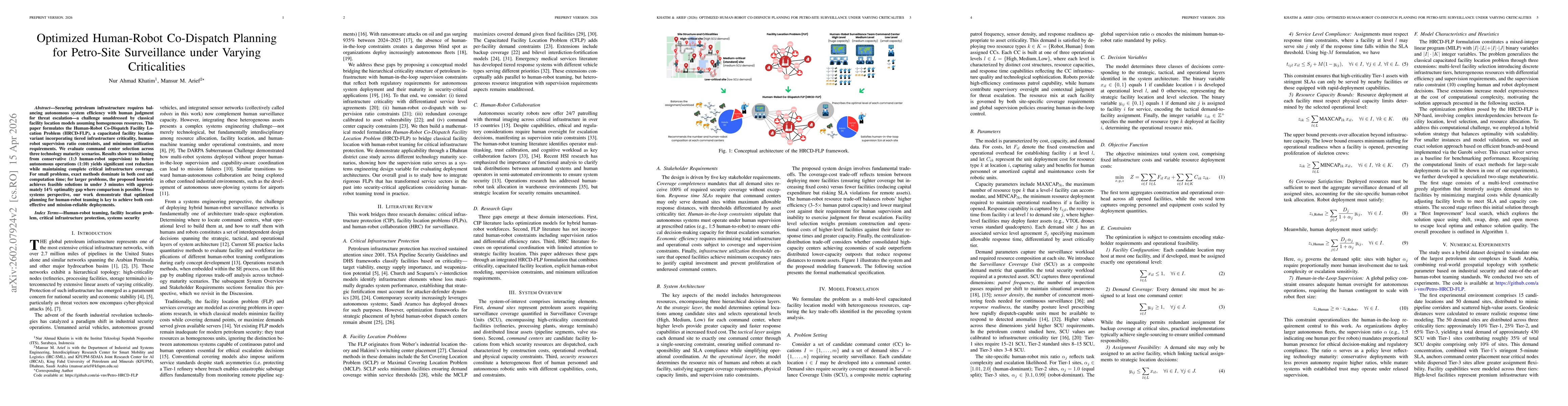 Thumbnail for Optimized Human-Robot Co-Dispatch Planning for Petro-Site Surveillance under Varying Criticalities