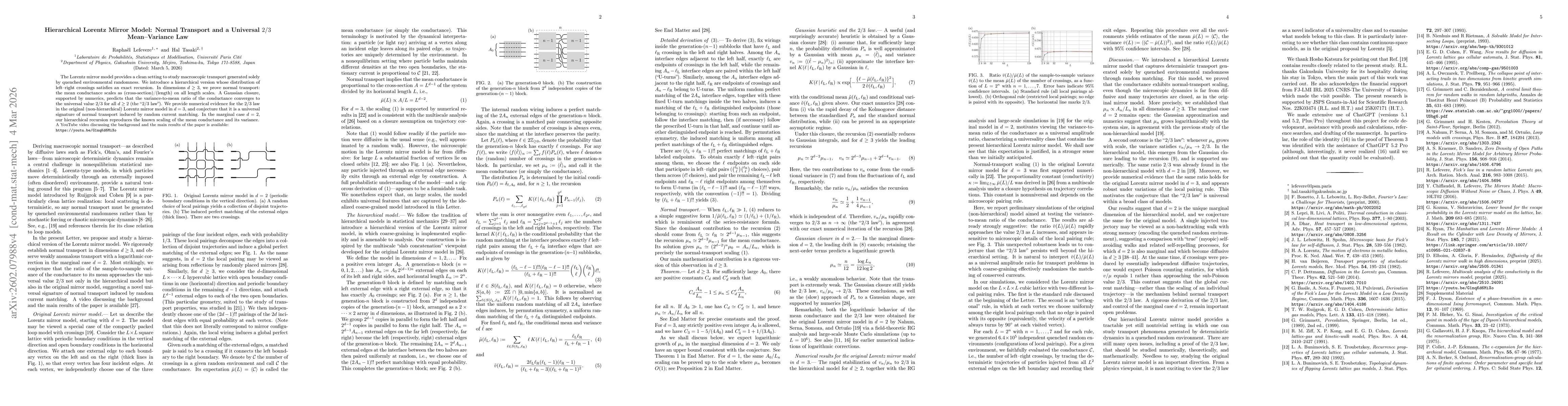 Thumbnail for Hierarchical Lorentz Mirror Model: Normal Transport and a Universal $2/3$ Mean--Variance Law