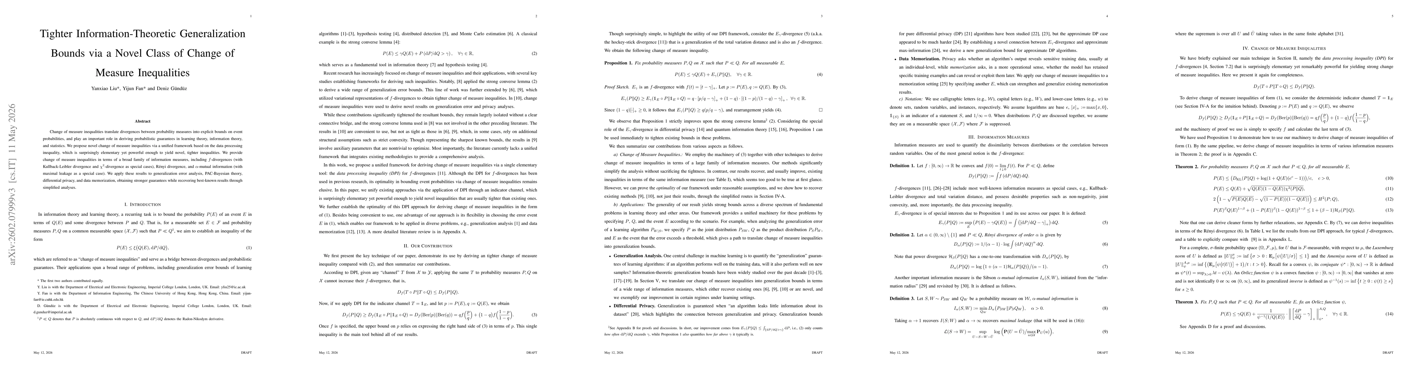 Thumbnail for Tighter Information-Theoretic Generalization Bounds via a Novel Class of Change of Measure Inequalities