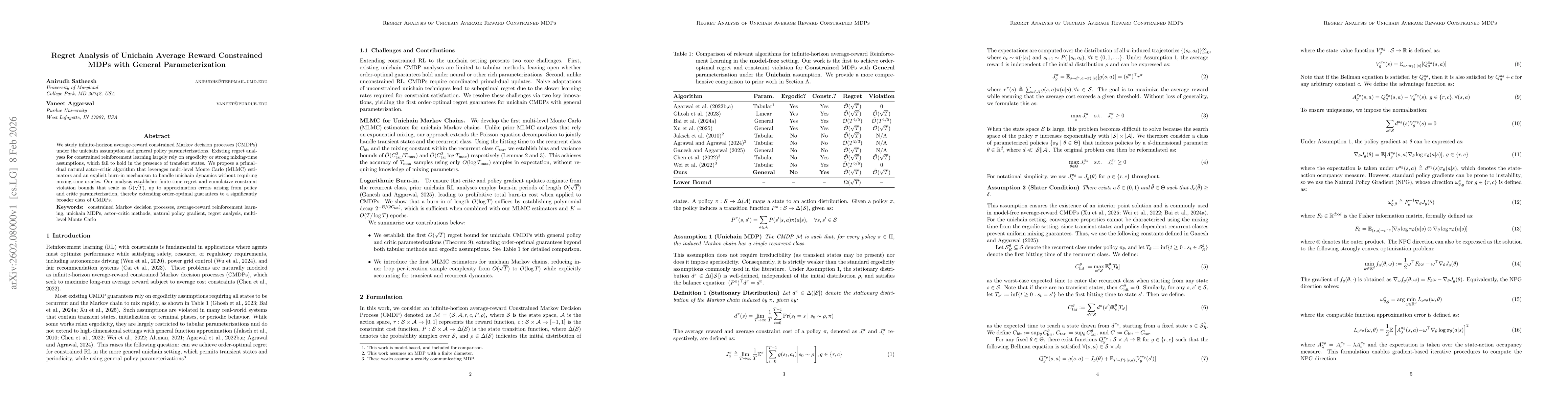 Thumbnail for Regret Analysis of Unichain Average Reward Constrained MDPs with General Parameterization