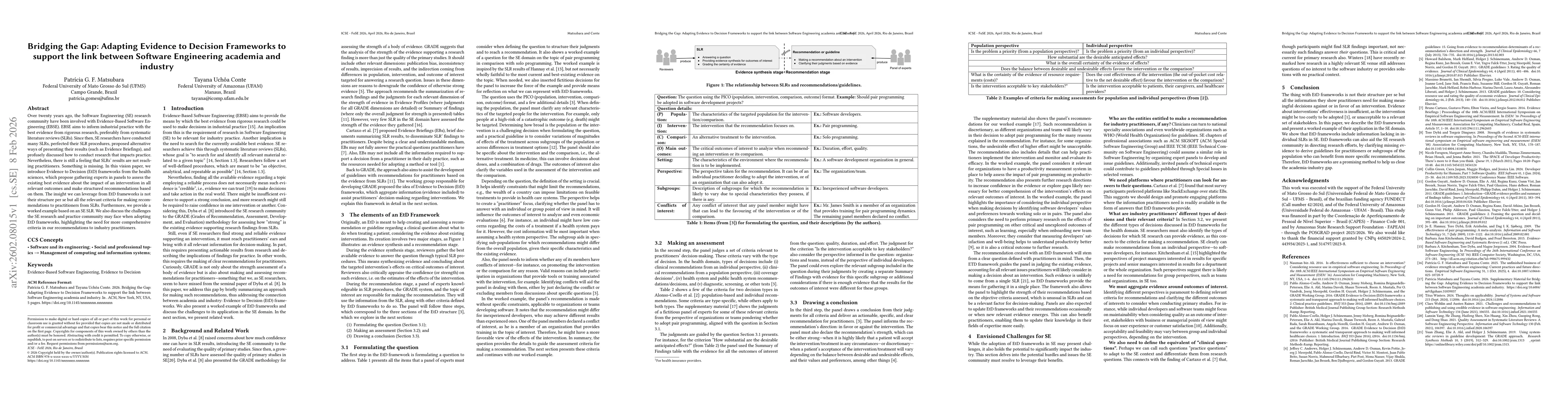 Thumbnail for Bridging the Gap: Adapting Evidence to Decision Frameworks to support the link between Software Engineering academia and industry