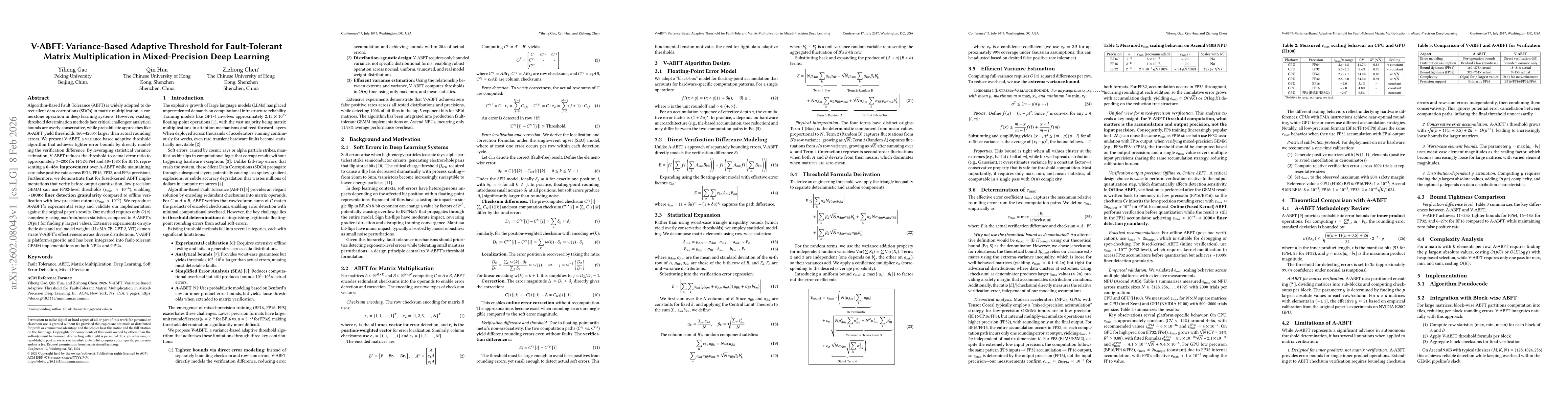 Thumbnail for V-ABFT: Variance-Based Adaptive Threshold for Fault-Tolerant Matrix Multiplication in Mixed-Precision Deep Learning