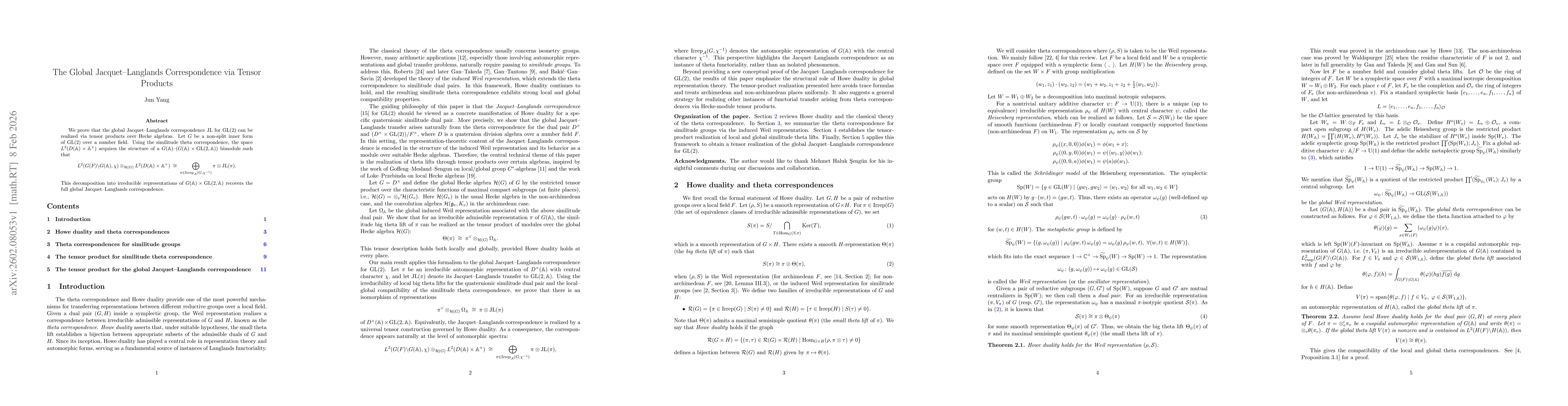 Thumbnail for The Global Jacquet-Langlands Correspondence via Tensor Products