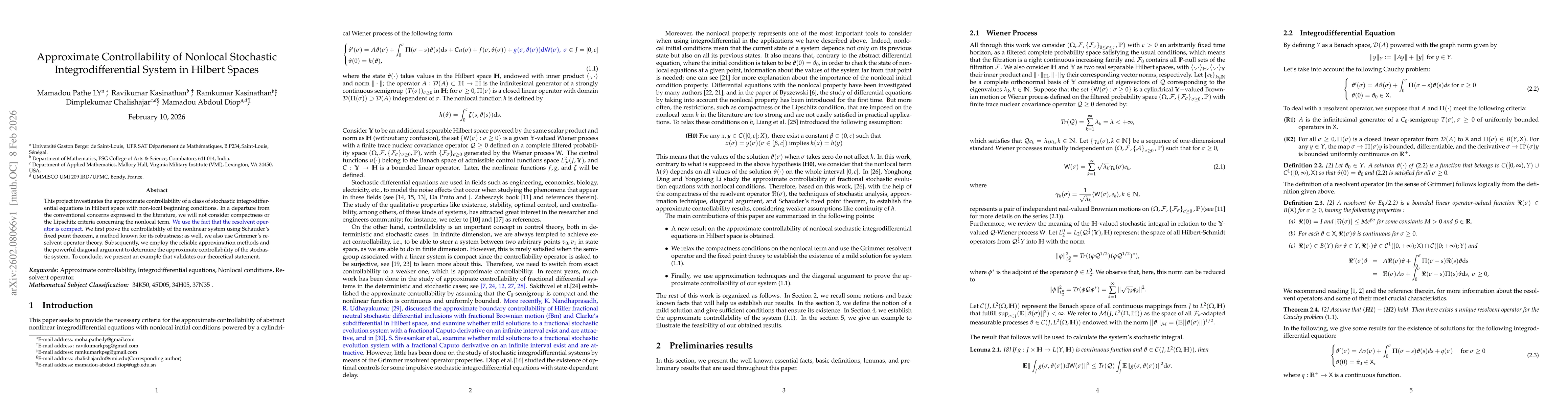Thumbnail for Approximate Controllability of Nonlocal Stochastic Integrodifferential System in Hilbert Spaces