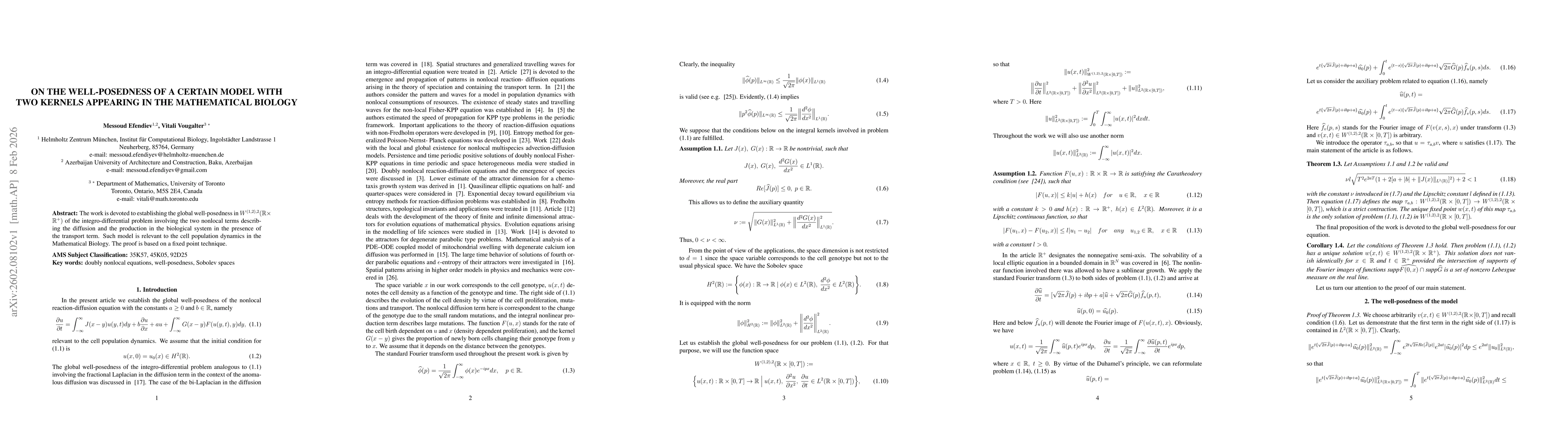 Thumbnail for On the well-posedness of a certain model with two kernels appearing in the mathematical biology