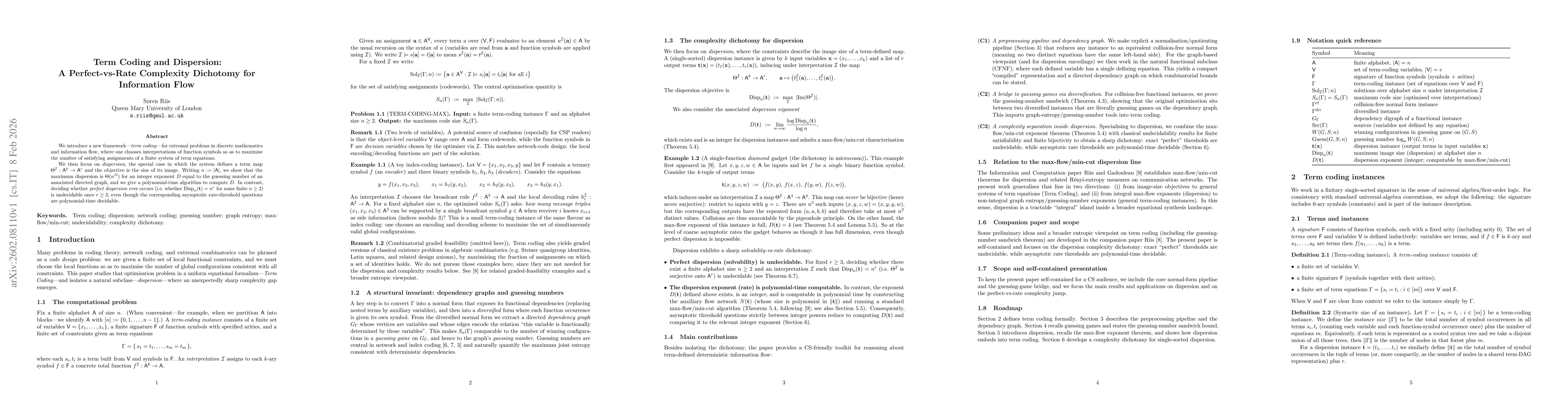 Thumbnail for Term Coding and Dispersion: A Perfect-vs-Rate Complexity Dichotomy for Information Flow