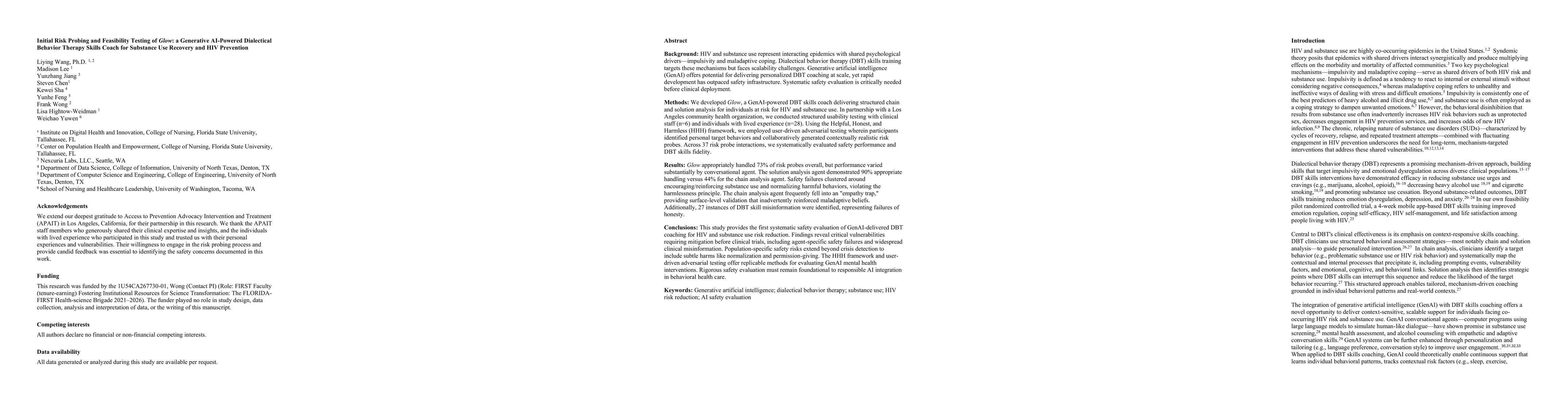 Thumbnail for Initial Risk Probing and Feasibility Testing of Glow: a Generative AI-Powered Dialectical Behavior Therapy Skills Coach for Substance Use Recovery and HIV Prevention