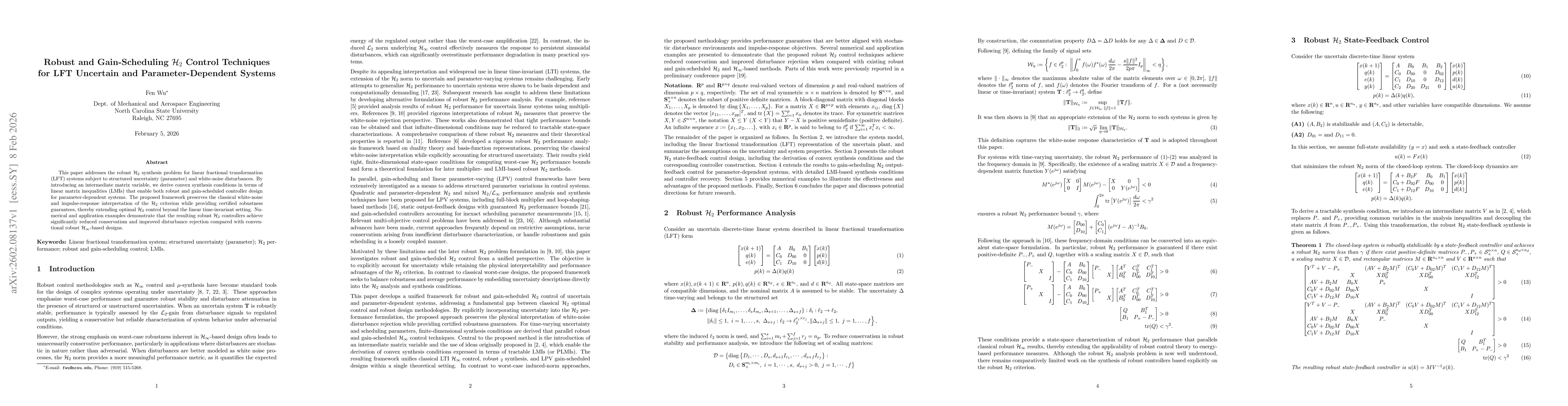 Thumbnail for Robust and Gain-Scheduling ${\cal H}_2$ Control Techniques for LFT Uncertain and Parameter-Dependent Systems