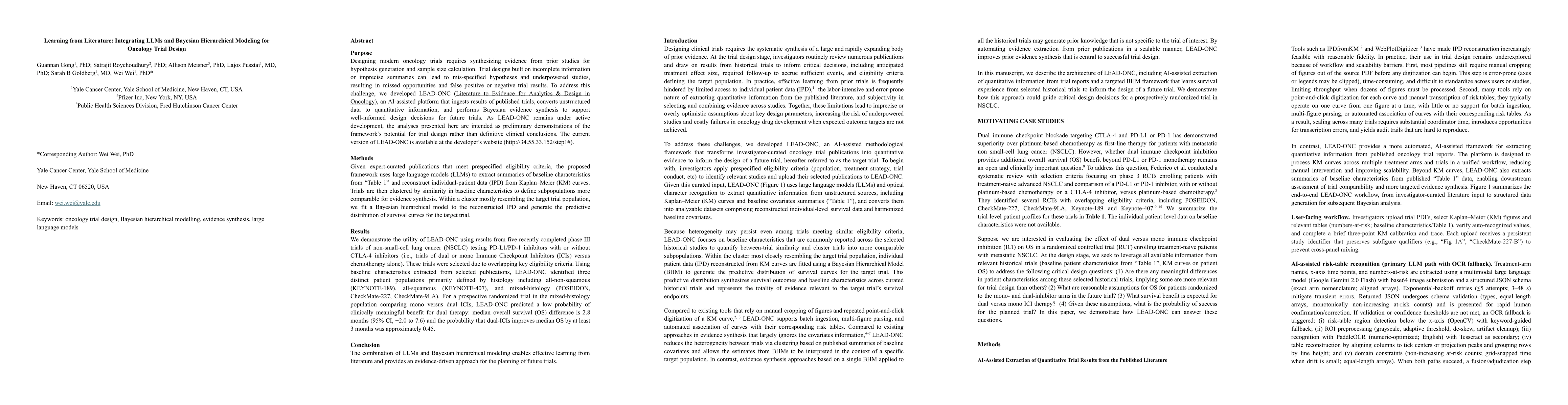 Thumbnail for Learning from Literature: Integrating LLMs and Bayesian Hierarchical Modeling for Oncology Trial Design