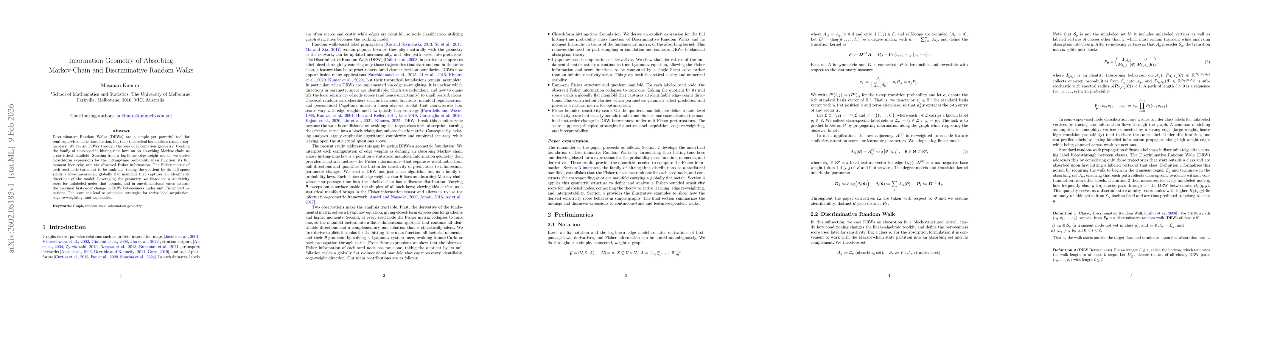 Thumbnail for Information Geometry of Absorbing Markov-Chain and Discriminative Random Walks