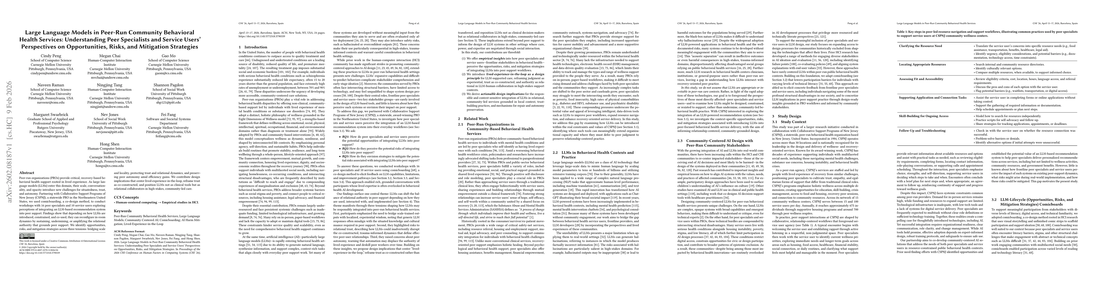 Thumbnail for Large Language Models in Peer-Run Community Behavioral Health Services: Understanding Peer Specialists and Service Users' Perspectives on Opportunities, Risks, and Mitigation Strategies
