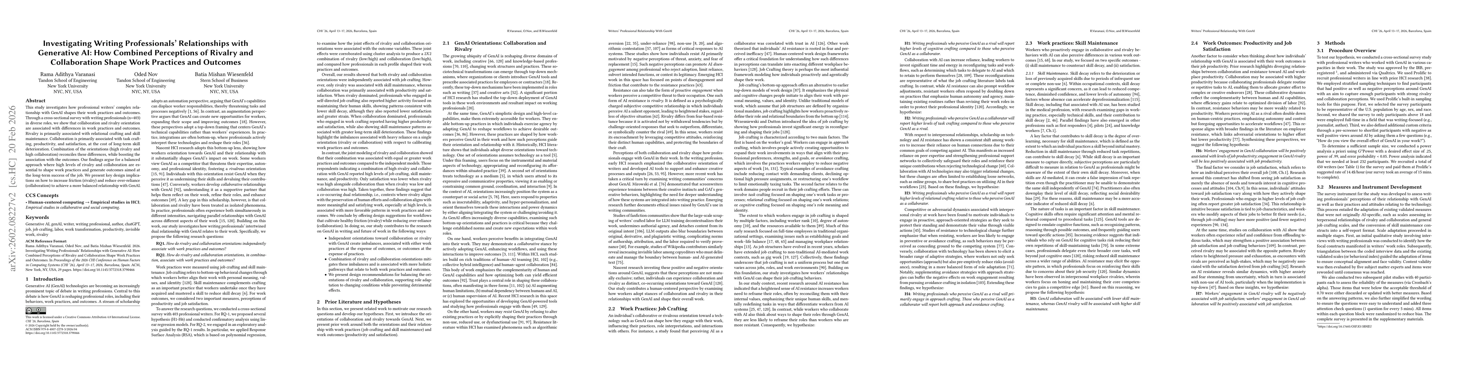 Thumbnail for Investigating Writing Professionals' Relationships with Generative AI: How Combined Perceptions of Rivalry and Collaboration Shape Work Practices and Outcomes