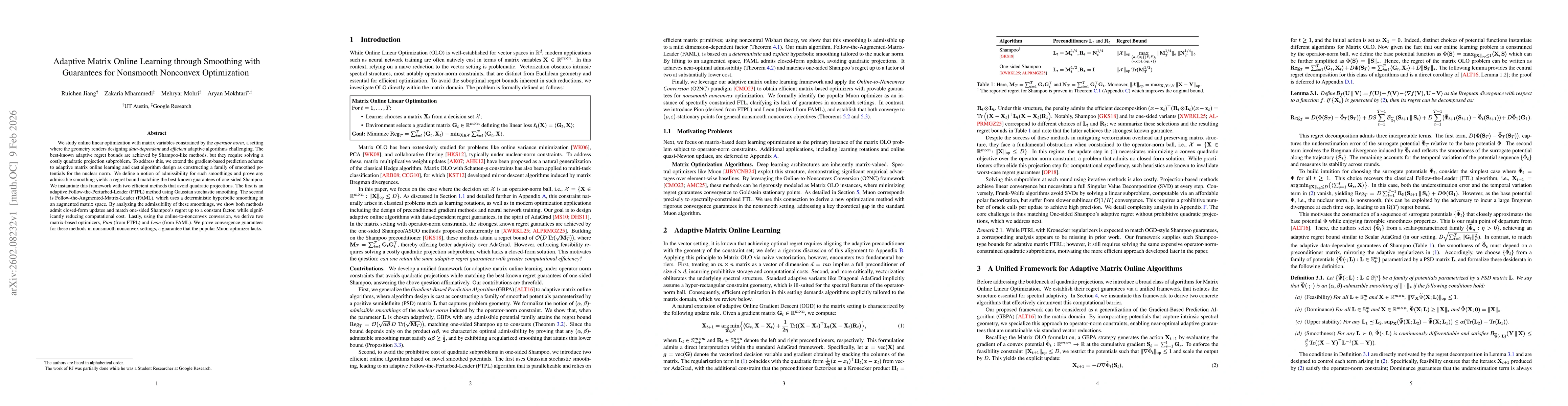 Thumbnail for Adaptive Matrix Online Learning through Smoothing with Guarantees for Nonsmooth Nonconvex Optimization