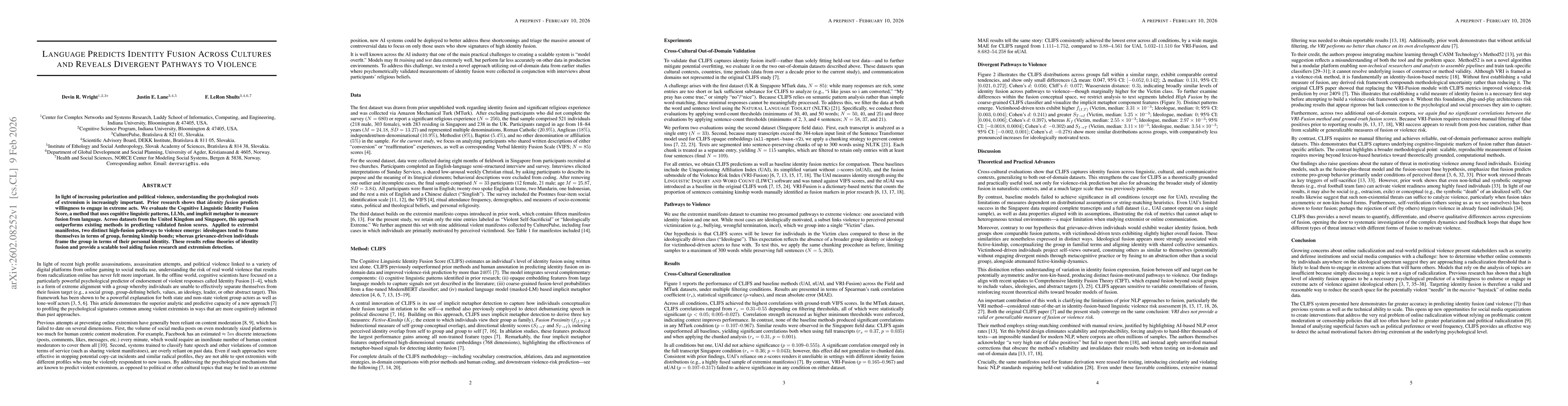 Thumbnail for Language Predicts Identity Fusion Across Cultures and Reveals Divergent Pathways to Violence