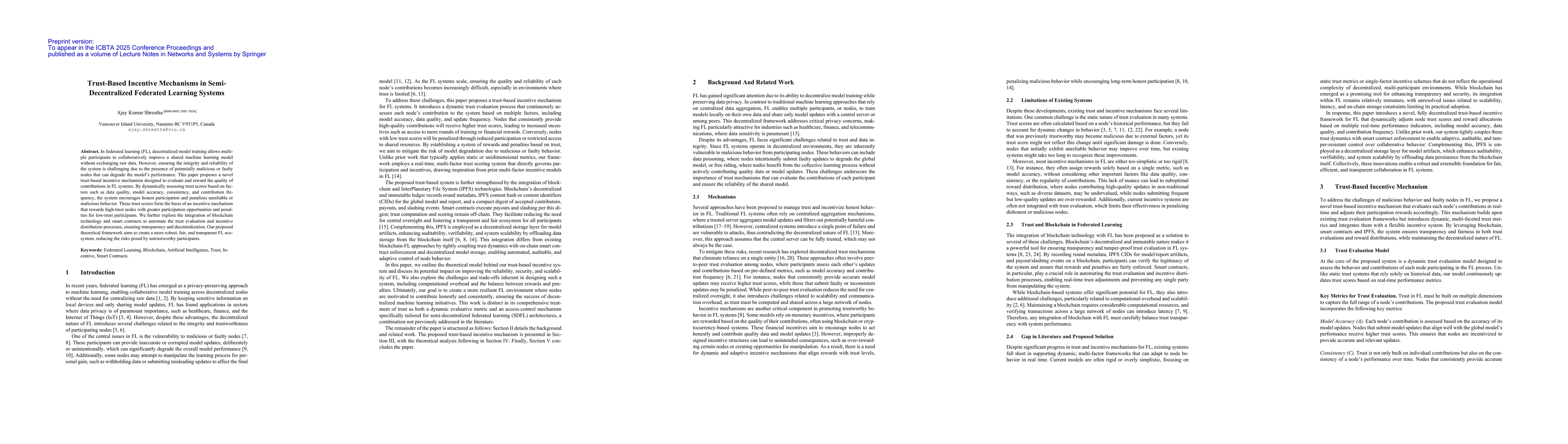 Thumbnail for Trust-Based Incentive Mechanisms in Semi-Decentralized Federated Learning Systems