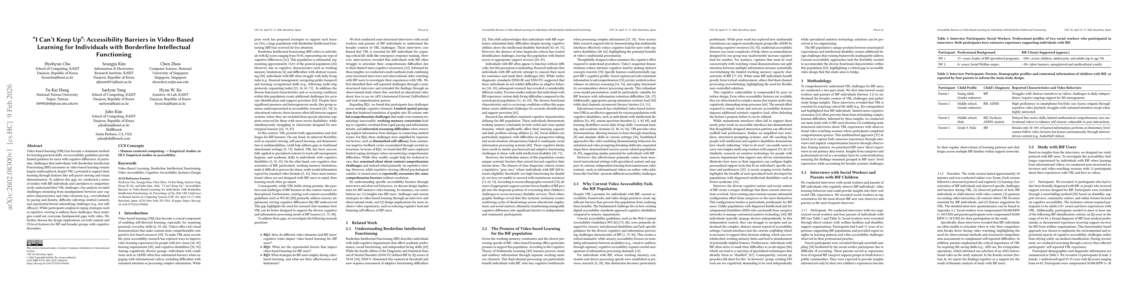 Thumbnail for "I Can't Keep Up": Accessibility Barriers in Video-Based Learning for Individuals with Borderline Intellectual Functioning