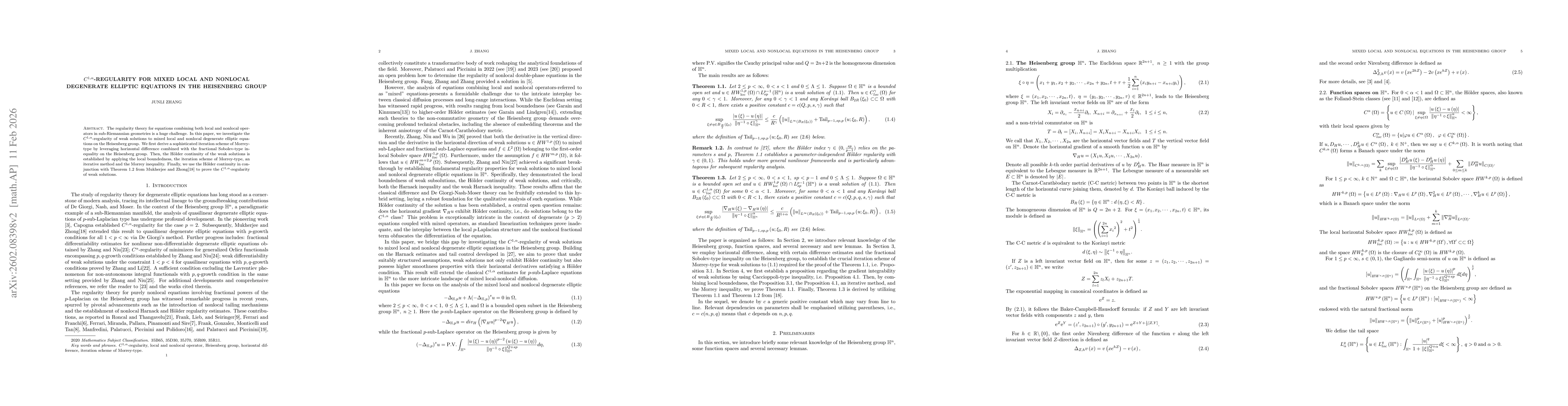 Thumbnail for $C^{1,α}$-regularity for Mixed Local and Nonlocal Degenerate Elliptic Equations in the Heisenberg Group