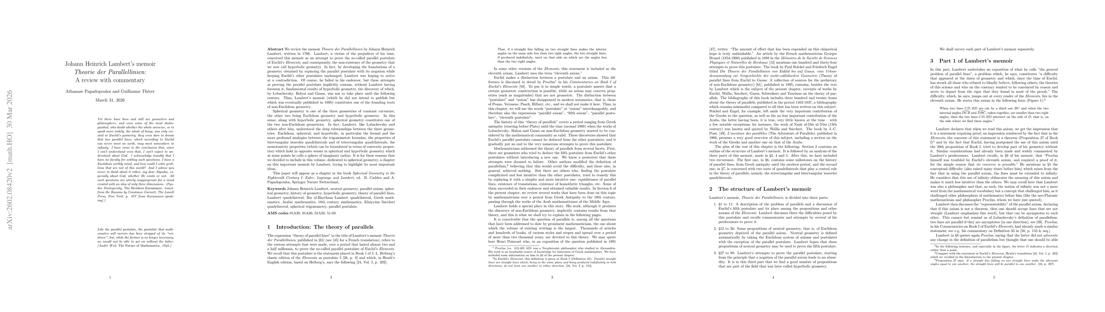Thumbnail for Johann Heinrich Lambert's memoir "Theorie der Parallellinien": A review with commentary