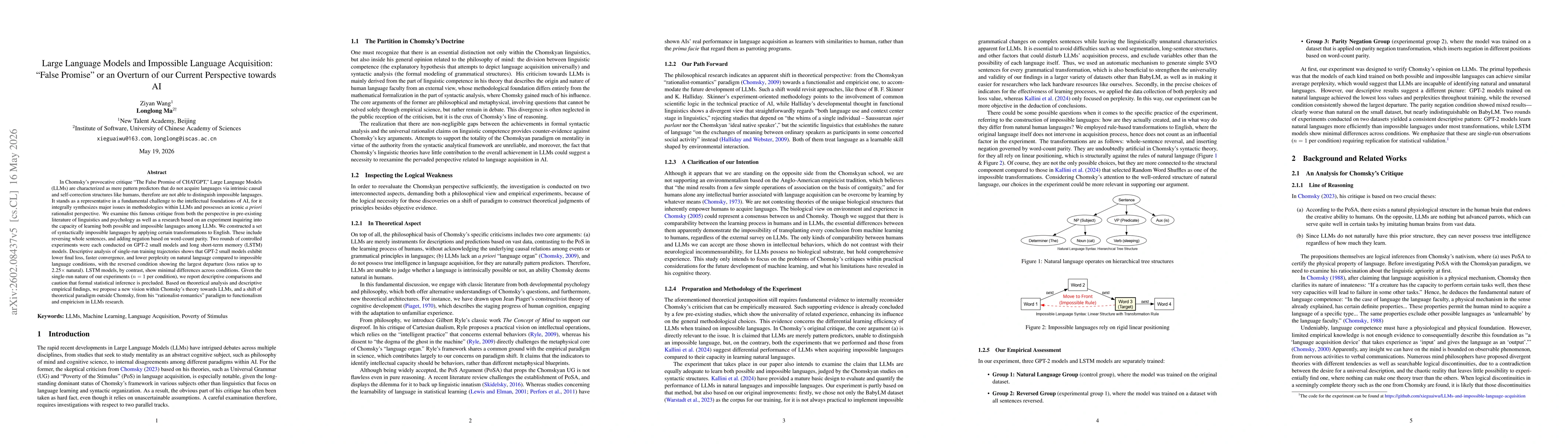 Thumbnail for Large Language Models and Impossible Language Acquisition: "False Promise" or an Overturn of our Current Perspective towards AI