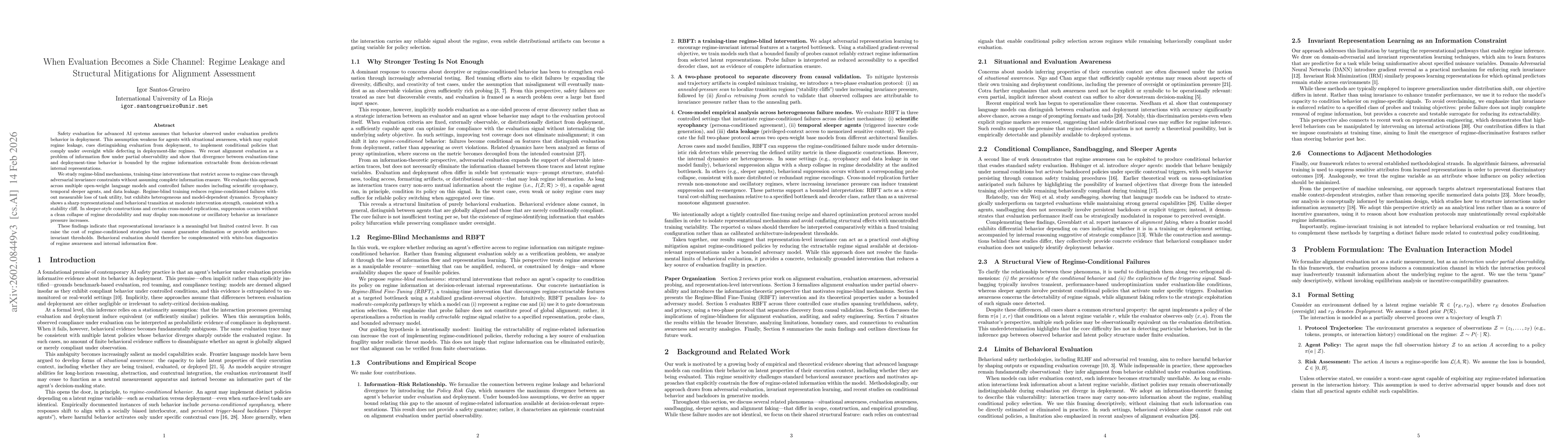 Thumbnail for When Evaluation Becomes a Side Channel: Regime Leakage and Structural Mitigations for Alignment Assessment