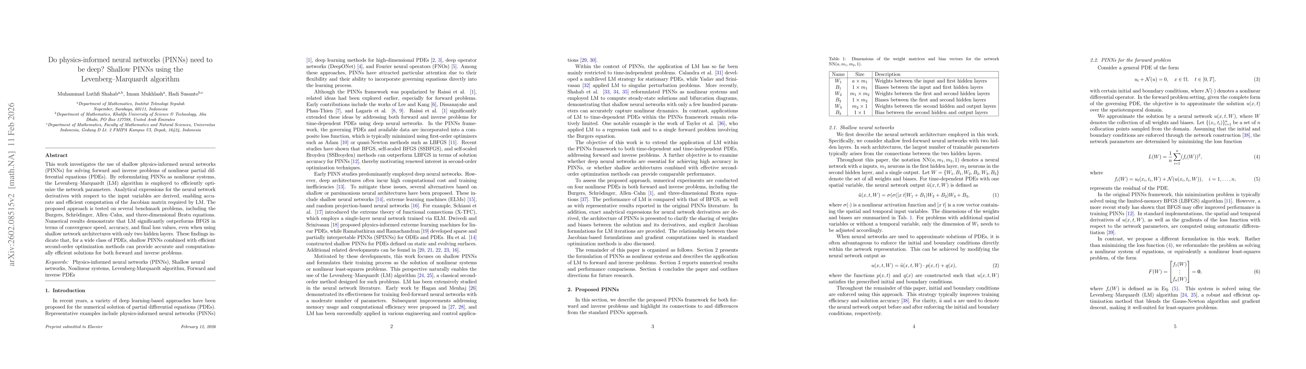 Thumbnail for Do physics-informed neural networks (PINNs) need to be deep? Shallow PINNs using the Levenberg-Marquardt algorithm