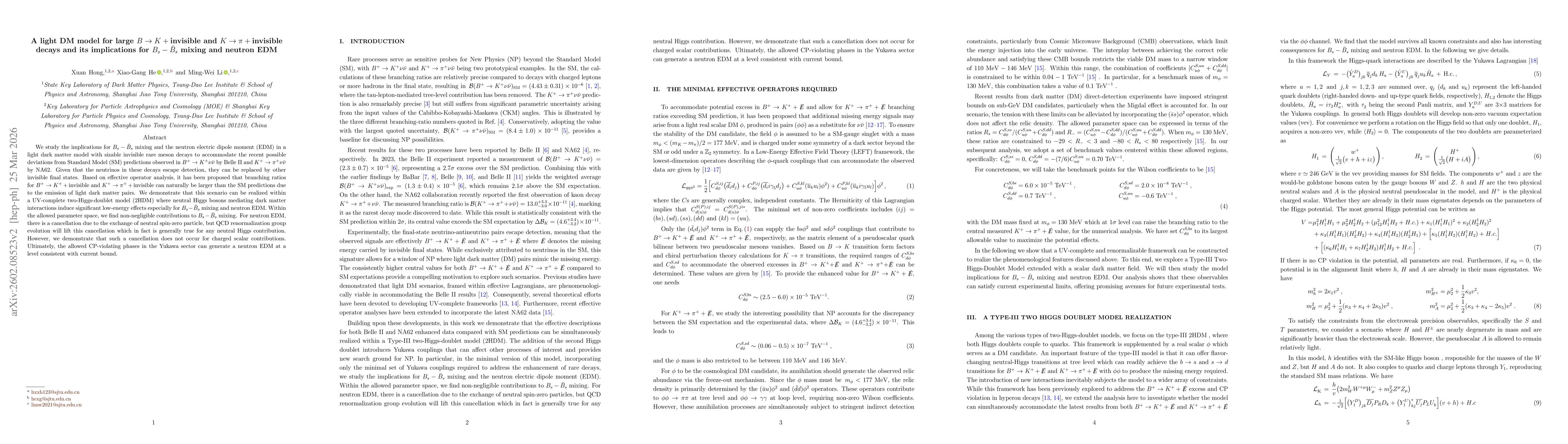 Thumbnail for A light DM model for large $B \to K + \mbox{invisible}$ and $K \to π+ \mbox{invisible}$ decays and its implications for $B_s-\bar B_s$ mixing and neutron EDM