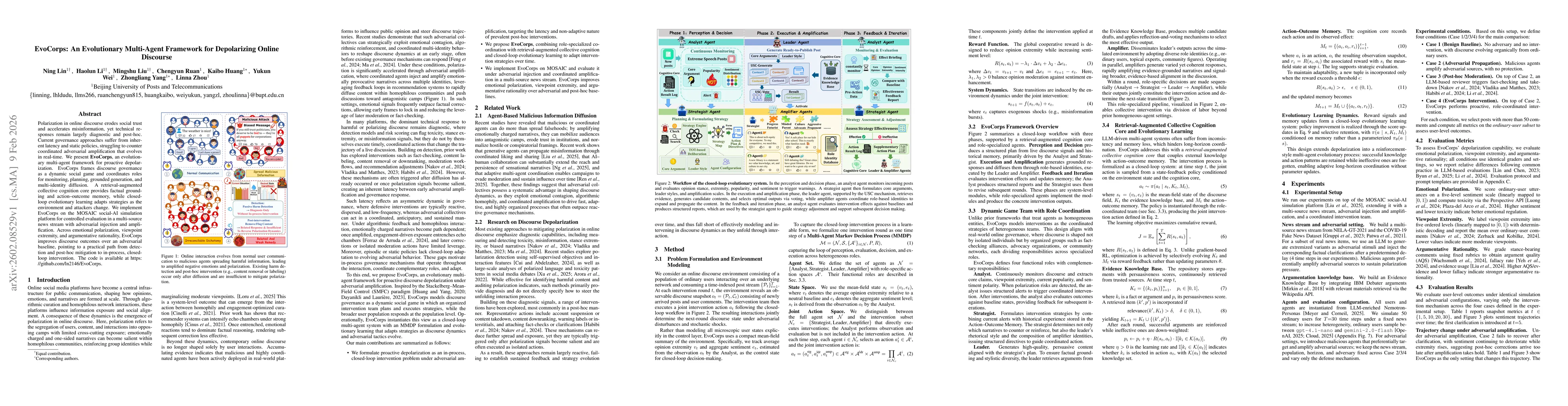 Thumbnail for EvoCorps: An Evolutionary Multi-Agent Framework for Depolarizing Online Discourse