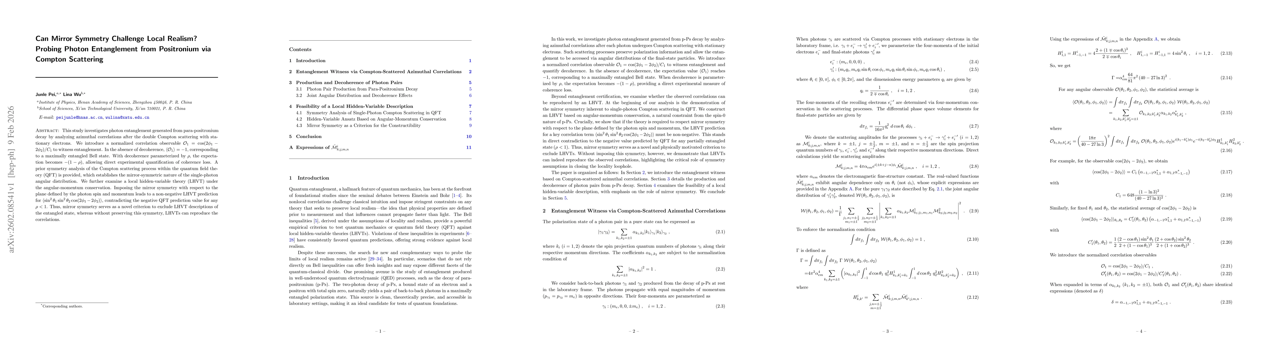Thumbnail for Can Mirror Symmetry Challenge Local Realism? Probing Photon Entanglement from Positronium via Compton Scattering
