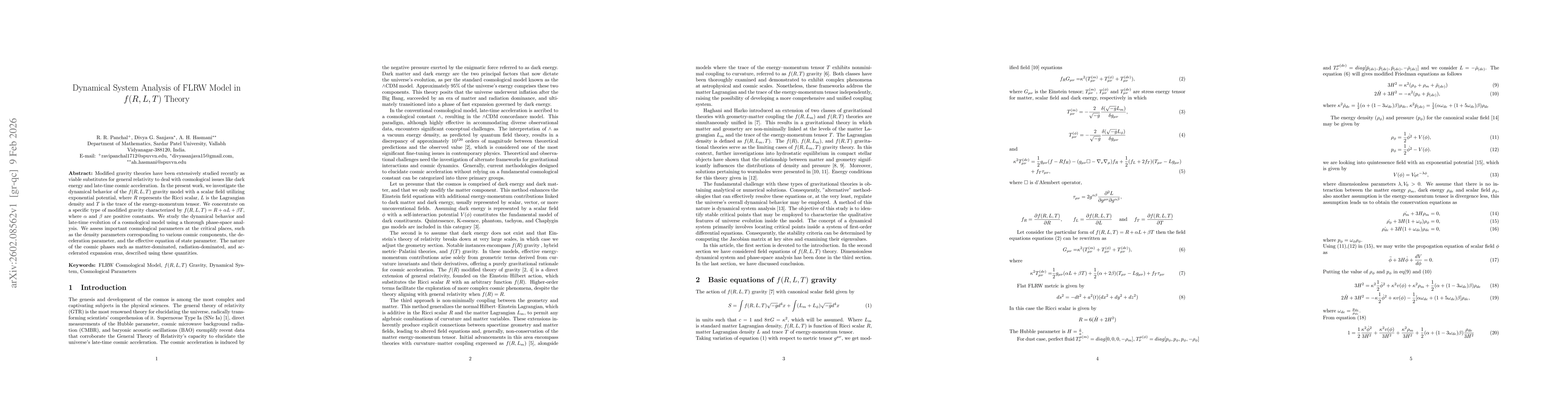 Thumbnail for Dynamical System Analysis of FLRW Model in f(R,L,T) Theory