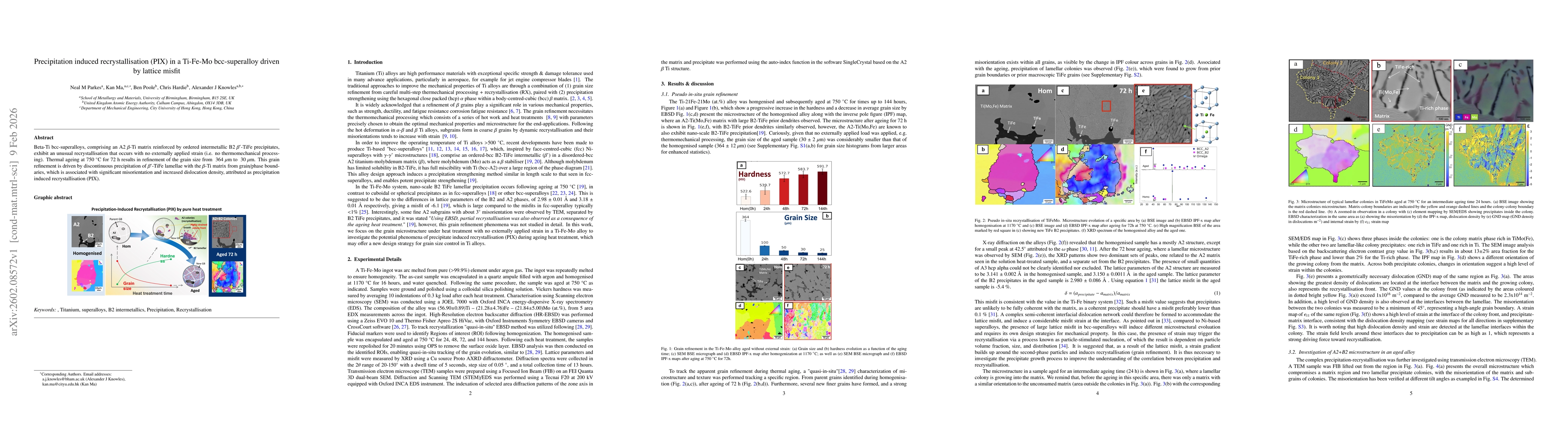 Thumbnail for Precipitation induced recrystallisation (PIX) in a Ti-Fe-Mo bcc-superalloy driven by lattice misfit