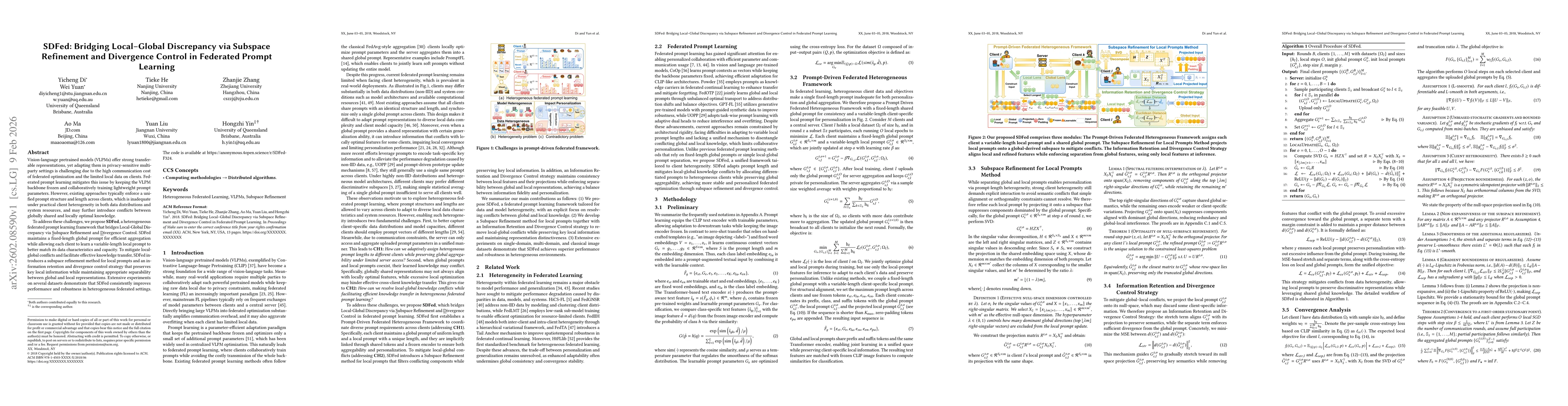 Thumbnail for SDFed: Bridging Local Global Discrepancy via Subspace Refinement and Divergence Control in Federated Prompt Learning