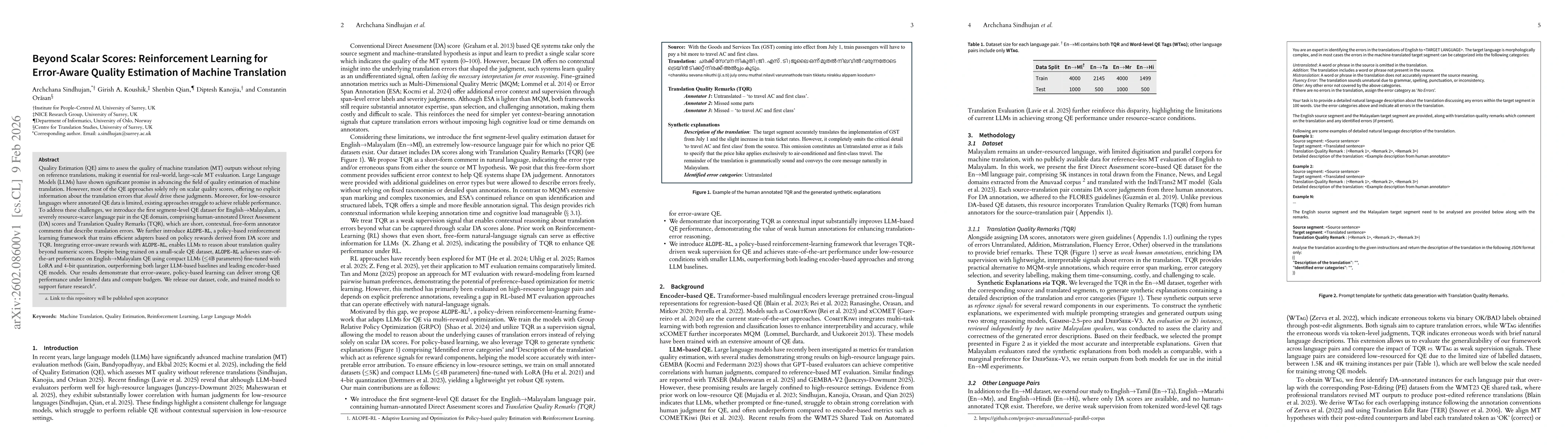 Thumbnail for Beyond Scalar Scores: Reinforcement Learning for Error-Aware Quality Estimation of Machine Translation