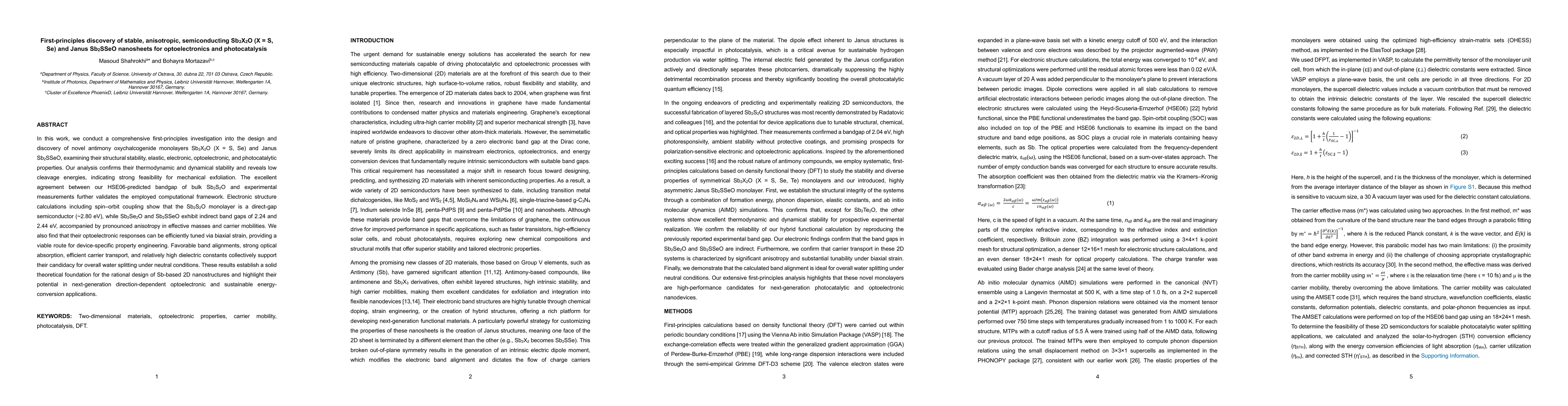 Thumbnail for First-principles discovery of stable, anisotropic, semiconducting Sb2X2O (X = S, Se) and Janus Sb2SSeO nanosheets for optoelectronics and photocatalysis