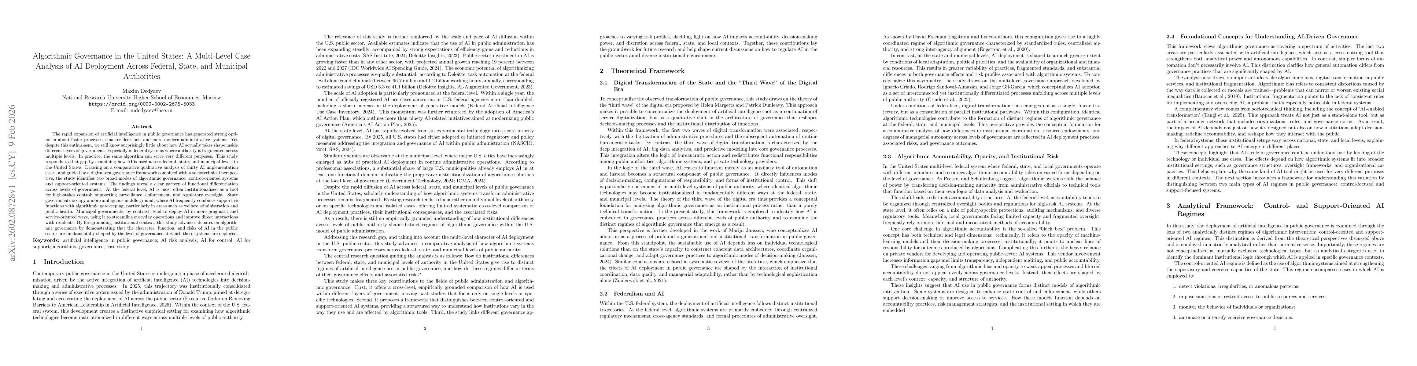 Thumbnail for Algorithmic Governance in the United States: A Multi-Level Case Analysis of AI Deployment Across Federal, State, and Municipal Authorities
