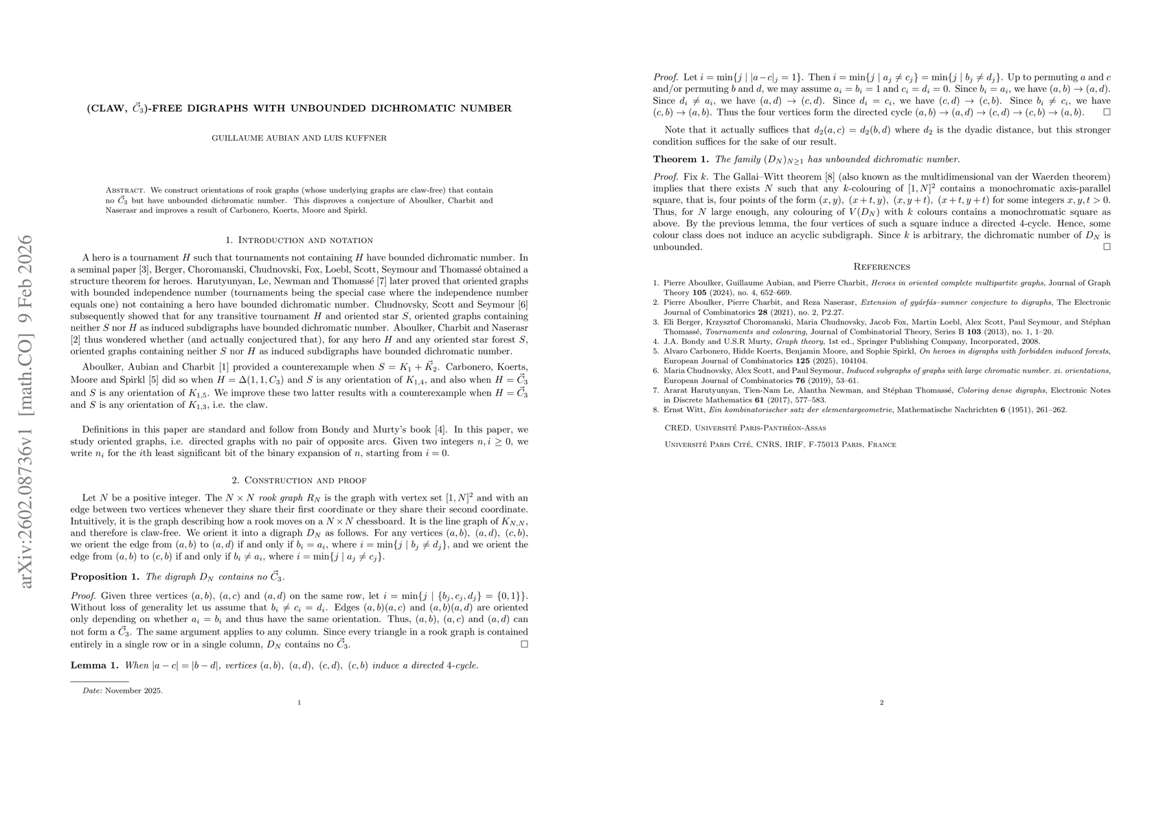 Thumbnail for (Claw, C_3)-free digraphs with unbounded dichromatic number