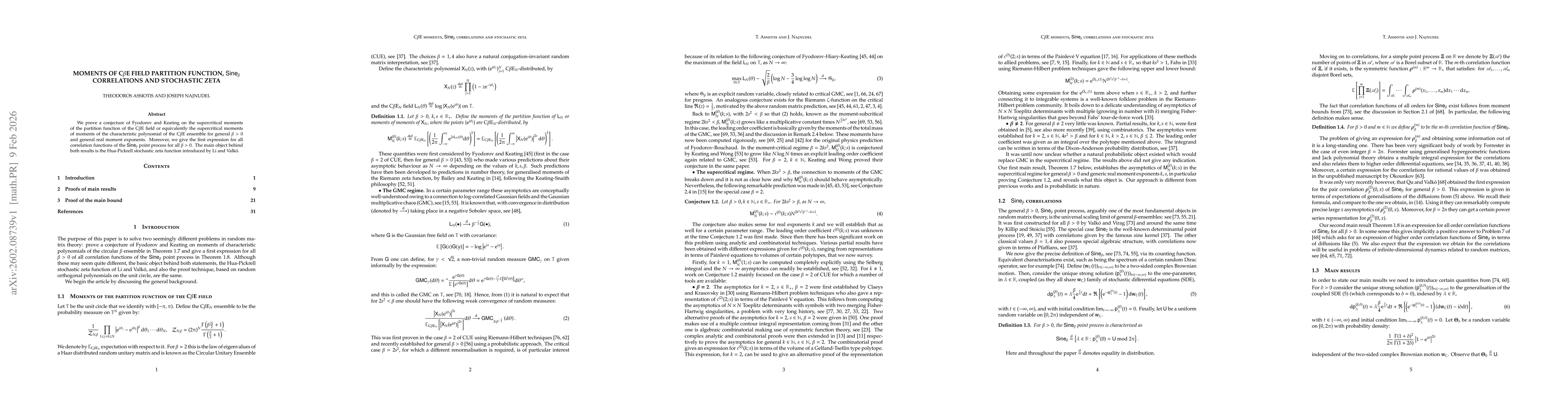 Thumbnail for Moments of C$β$E field partition function, $\mathsf{Sine}_β$ correlations and stochastic zeta