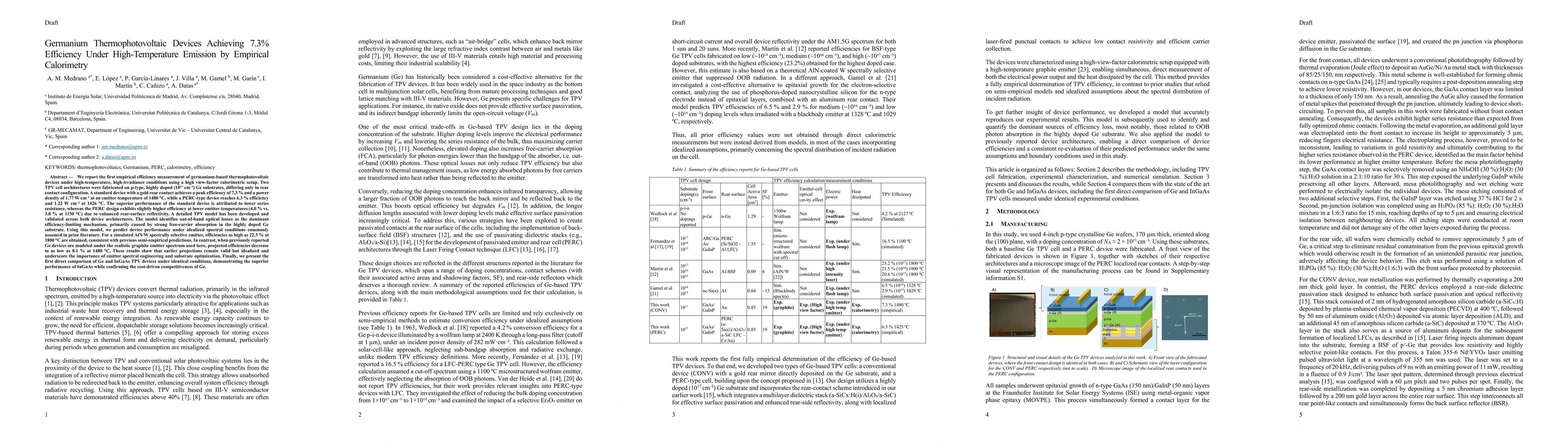 Thumbnail for Germanium Thermophotovoltaic Devices Achieving 7.3% Efficiency Under High-Temperature Emission by Empirical Calorimetry