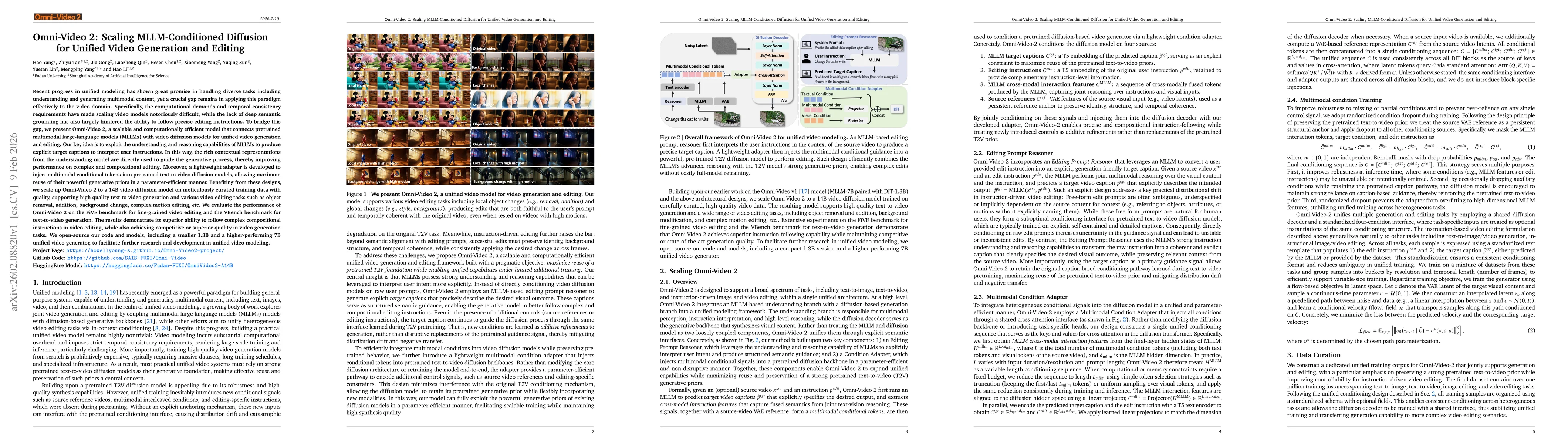 Thumbnail for Omni-Video 2: Scaling MLLM-Conditioned Diffusion for Unified Video Generation and Editing