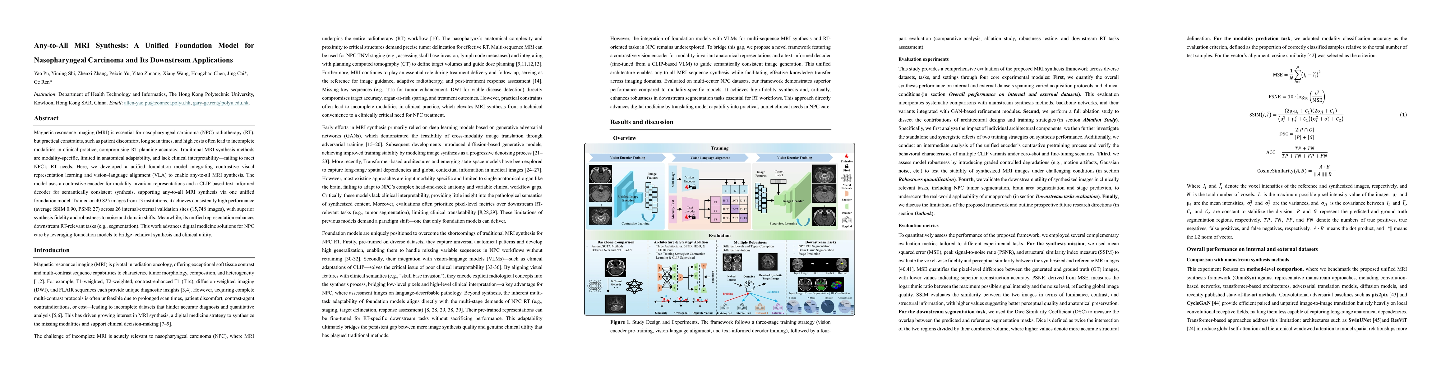Thumbnail for Any-to-All MRI Synthesis: A Unified Foundation Model for Nasopharyngeal Carcinoma and Its Downstream Applications