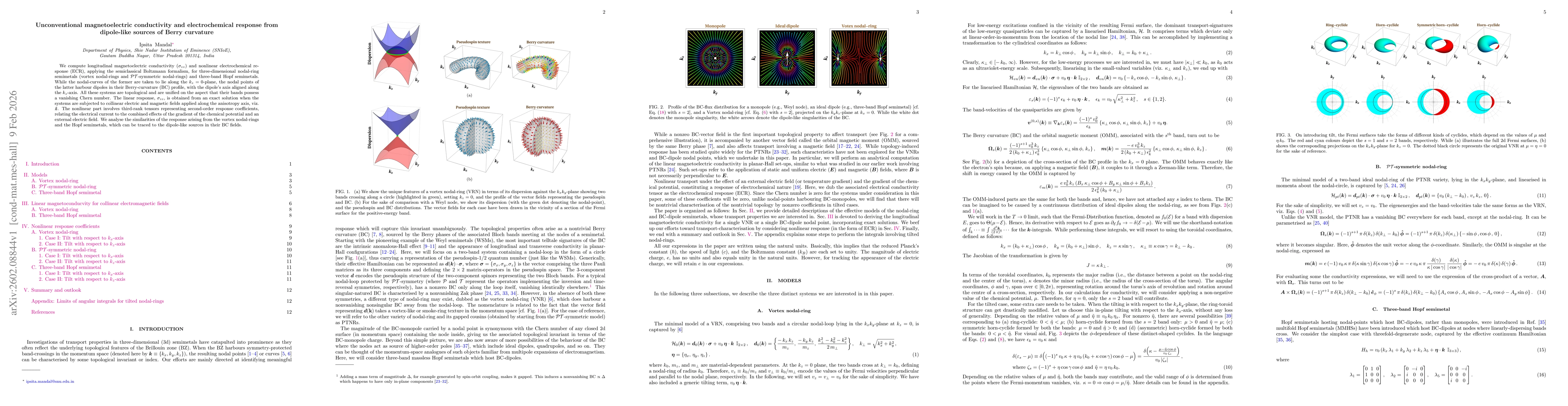 Thumbnail for Unconventional magnetoelectric conductivity and electrochemical response from dipole-like sources of Berry curvature