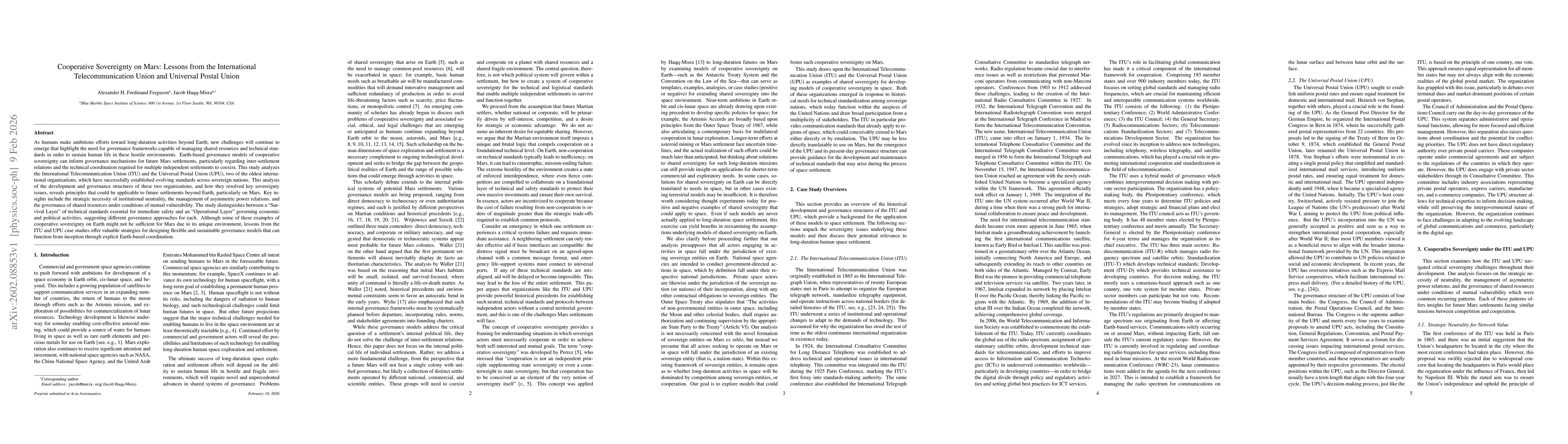 Thumbnail for Cooperative Sovereignty on Mars: Lessons from the International Telecommunication Union and Universal Postal Union
