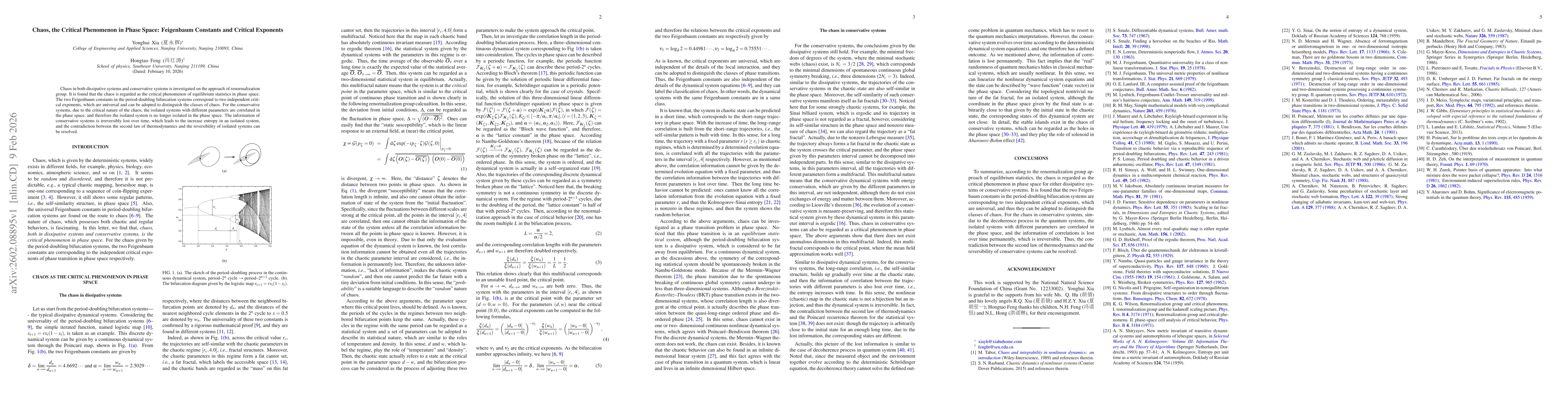 Thumbnail for Chaos, the Critical Phenomenon in Phase Space: Feigenbaum Constants and Critical Exponents