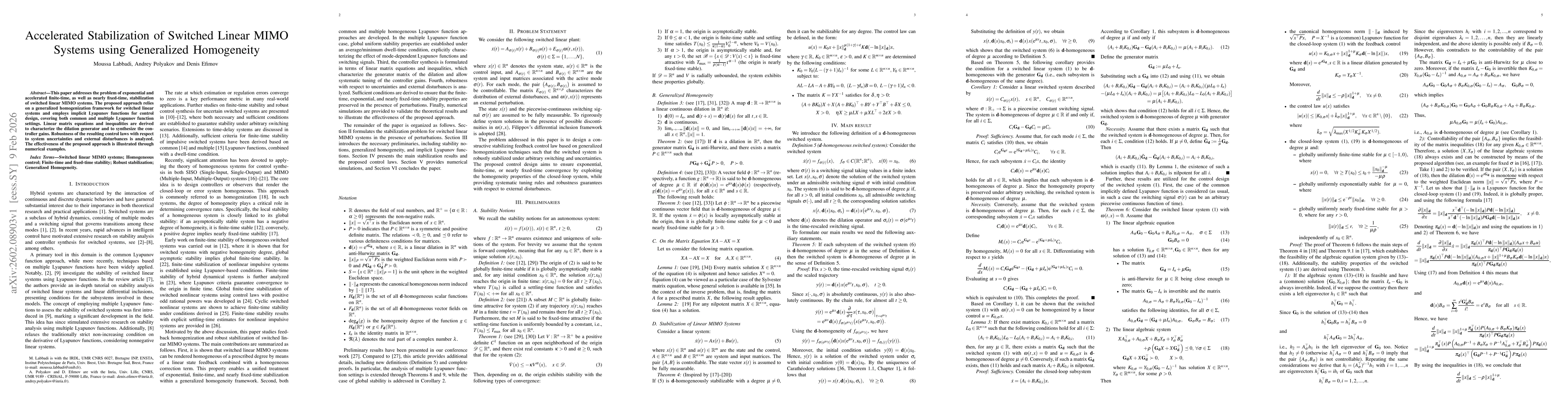 Thumbnail for Accelerated Stabilization of Switched Linear MIMO Systems using Generalized Homogeneity