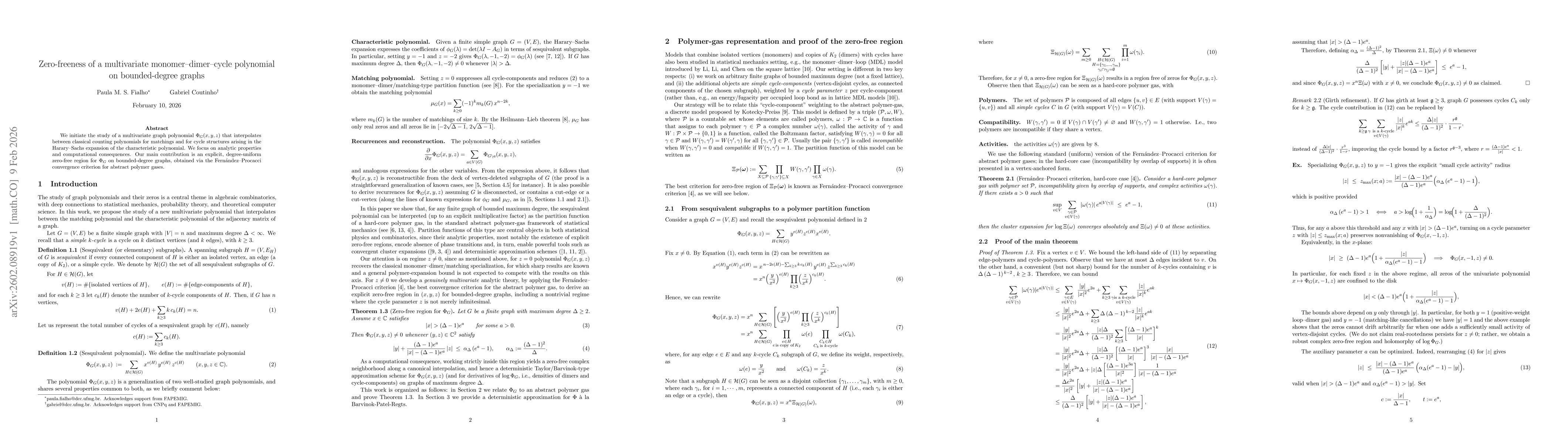 Thumbnail for Zero-freeness of a multivariate monomer-dimer-cycle polynomial on bounded-degree graphs