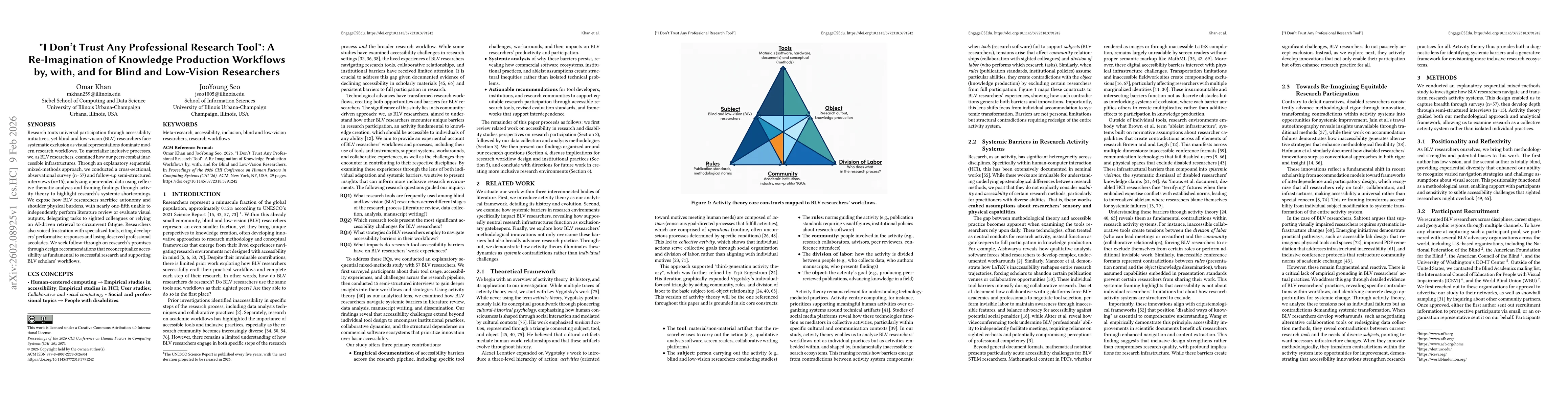 Thumbnail for "I Don't Trust Any Professional Research Tool": A Re-Imagination of Knowledge Production Workflows by, with, and for Blind and Low-Vision Researchers