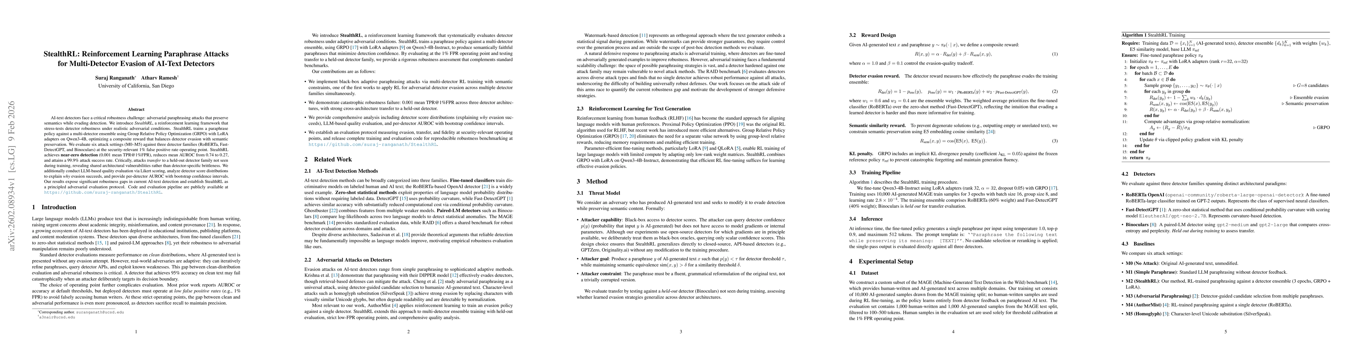 Thumbnail for StealthRL: Reinforcement Learning Paraphrase Attacks for Multi-Detector Evasion of AI-Text Detectors