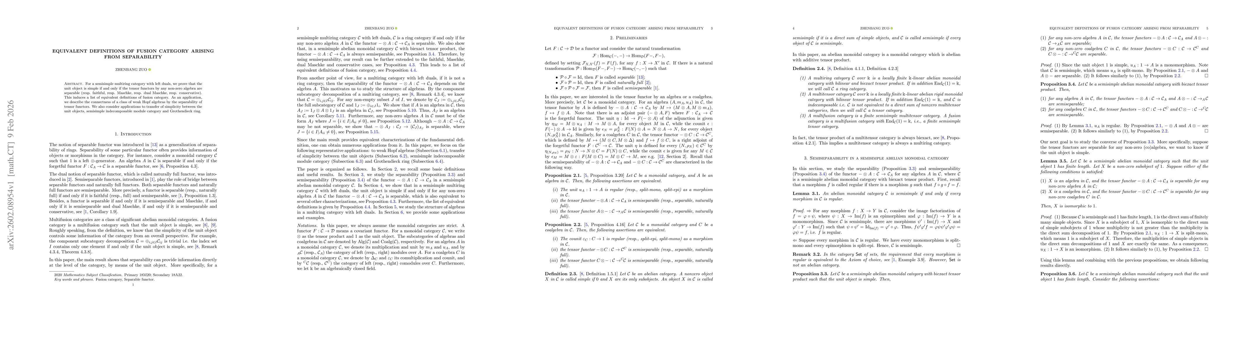 Thumbnail for Equivalent definitions of fusion category arising from separability